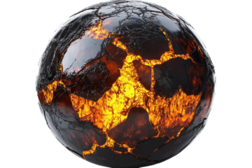 A fiery planet's molten core glowing intensely through cracked, dark surface; a 3D rendering.