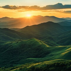 Fototapeta premium Golden Hour Sunset Over Lush Green Mountain Range