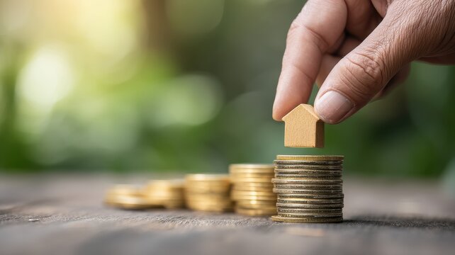 Real estate investment. Hand placing a house icon on stacked coins, symbolizing investment and wealth growth.