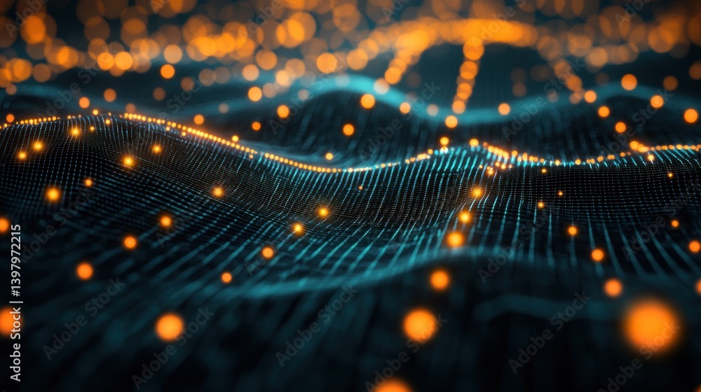 Poster abstract blue wavy particle surface with orange glowing spheres creating a vibrant digital landscape