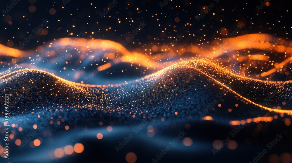 Poster glowing abstract waveform consisting of tiny particles creates a mesmerizing interplay of light and 