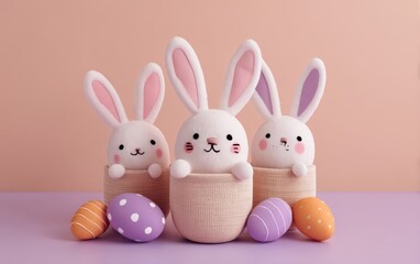 Obraz premium Three white rabbits in a basket filled with colorful Easter eggs.