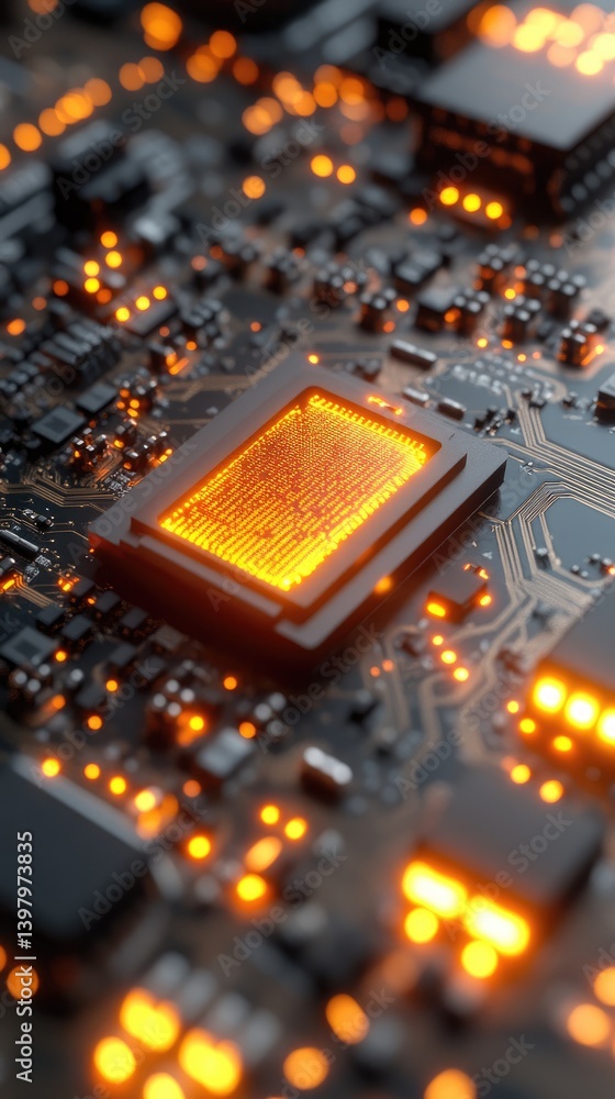 Poster electronic board shines. circuits glow orange, intricate components. focus on the central processor