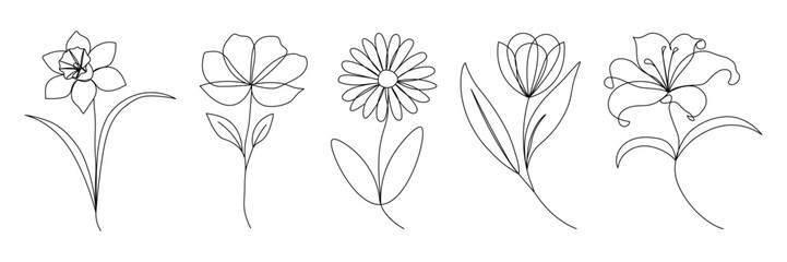 Minimalist one-line style floral illustration in black and white, featuring five different flower types with delicate outlines and curves. Flower in one line icon. Vector illustration