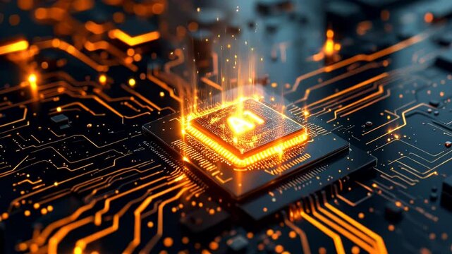 AI Chip Glowing in Circuit Board | Futuristic Orange Tech Animation in 4K