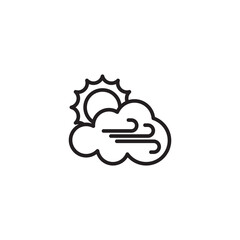 A simple line drawing shows a cloud partially obscuring the sun, with curved lines emanating from the cloud's side, indicating wind. Represents partly sunny and windy weather.