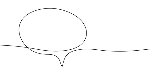A simple continuous line drawing of a speech bubble with a flowing curve, on a white background. A single line drawing of a speech bubble. A speech bubble drawing in one line. Vector illustration