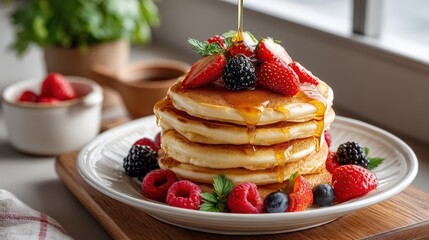 Stack of Fluffy Pancakes with Sweet Syrup and Assorted Fresh Berries on White Plate