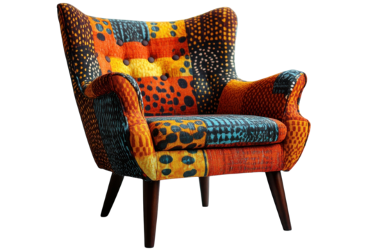 A vibrant patchwork armchair, a burst of eclectic bohemian style with warm autumnal hues and dark wood legs.