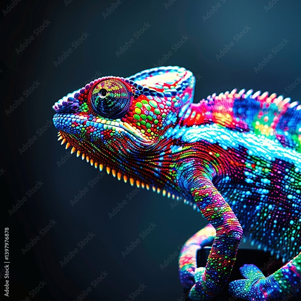 Poster vibrant chameleon showcasing colorful patterns against a dark background, emphasizing its unique fea
