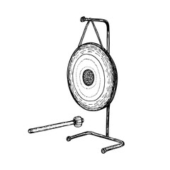 Gong with a hammer, musical instrument drawing illustration. Gong instrument, traditional Chinese instrument sketch engraving style vector. Hand drawn line art clipart