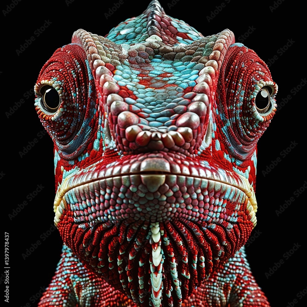 Poster vivid close-up of a colorful chameleon showcasing intricate textures and patterns against a black ba
