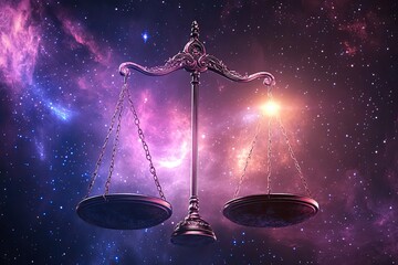 Abstract Libra scales balanced in a luminous celestial space scene