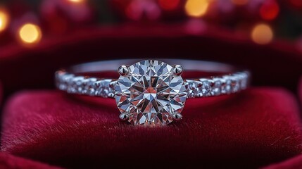 Sparkling diamond ring presented in a red velvet box, symbolizing love and commitment