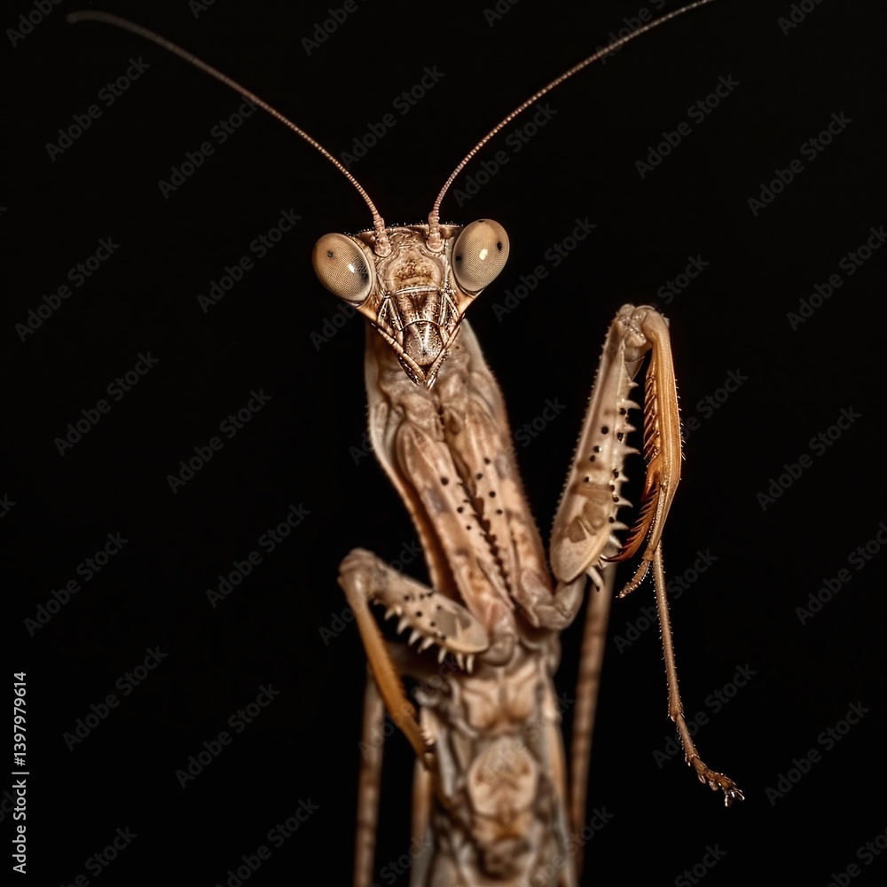 Poster close-up of a detailed mantis posing against a dark backdrop, showcasing its unique features and sta