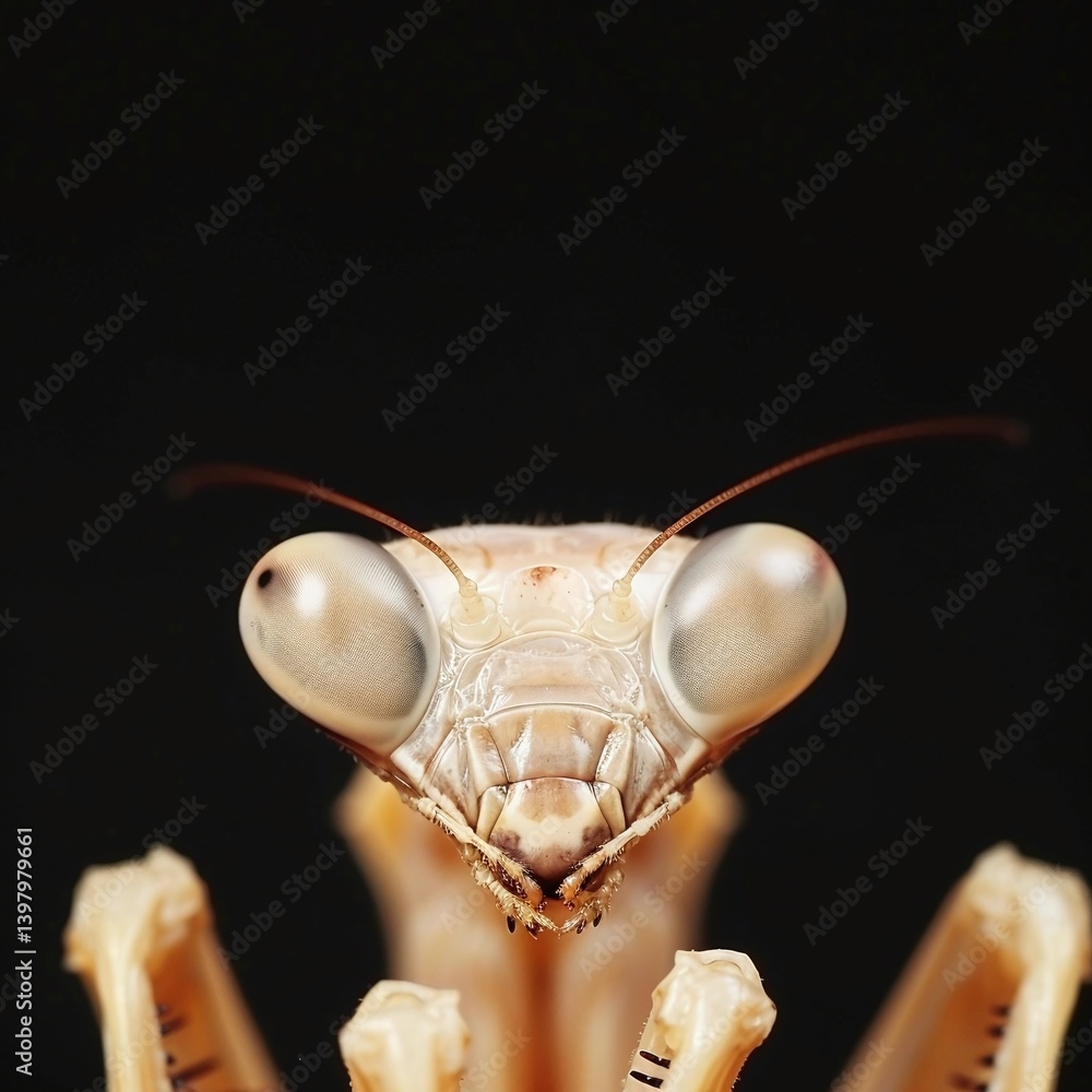 Poster close-up view of a mantis showcasing intricate features and textures against a dark background