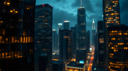 Abstract night lights of a modern futuristic cityscape. Defocused image of a dark street. Tall buildings, towers skyscrapers with glowing windows.