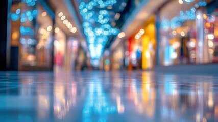 Fototapeta premium Blurred shopping mall interior with shimmering blue lights and reflective floor.