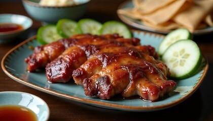 Savory glazed chicken served with cucumber slices and dipping sauce on plate