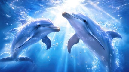 Naklejka premium Two dolphins swimming in clear blue ocean water with sunlight streaming through the surface