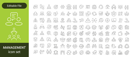 Operations management Editable Stroke icon collections. Containing production, logistics, supply chain, manufacturing, planning, inventory, strategy, customer satisfaction and cost icons.