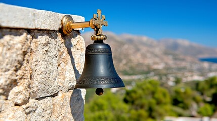 Obraz premium A beautiful black bell with a cross on a stone wall overlooking a scenic view