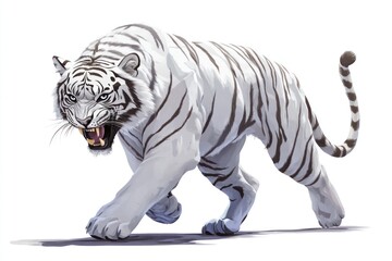 Obraz premium White tiger walks forward with open mouth, isolated on white background for wildlife illustration
