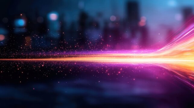 An abstract representation showcases dynamic light trails in vivid colors on a dark background, merging art and technology to evoke emotions and capture attention.