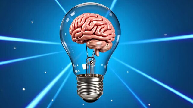 3D illustration of human brain inside light bulb with glowing blue laser beams on background, symbolizing creative thinking, intelligence, technology, innovation, mind power, and futuristic science.