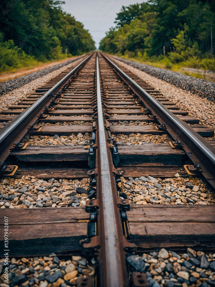 Poster empty railroad tracks extending into the horizon.