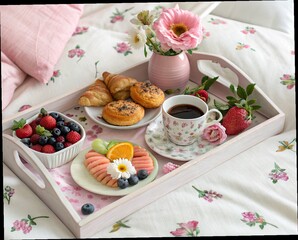A cozy breakfast tray with fresh fruits, pastries, and a cup of coffee surrounded by beautiful flowers.
