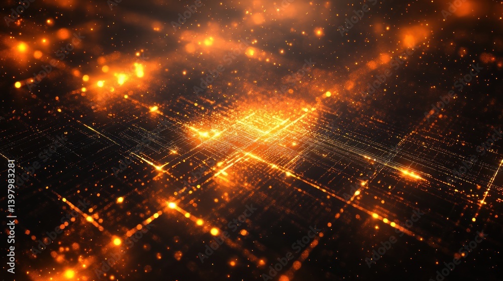 Poster golden futuristic grid with shimmering particles abstract technology background perfect for innovati