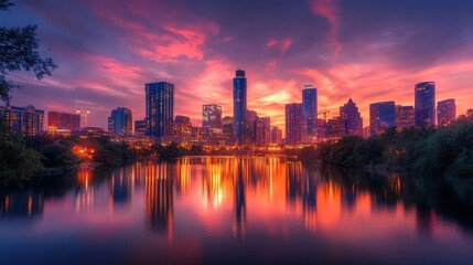 vibrant city skyline reflected in tranquil river at dusk showcasing architectural marvels against a stunning sunset painted sky backdrop