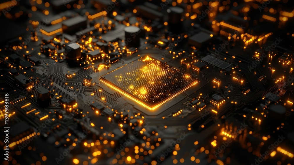Poster illuminated circuit board: a close-up of a microprocessor's glowing core