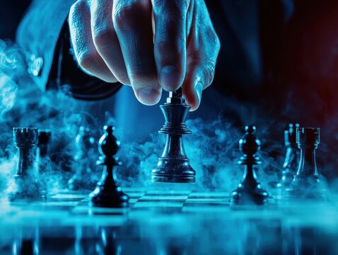 A focused hand moves the king piece on a smoky chessboard, symbolizing strategy.