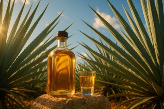 Golden tequila bottle and shot glass on rock in agave field at sunset