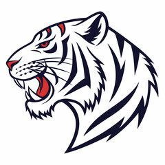 Striking Powerful Angry White Tiger Head Vector Illustration - Roaring Wild Animal Feline Predator Mascot Logo Graphic with Red Eyes and Black Stripes on White Fur