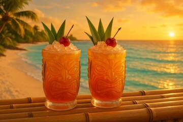 Tropical tiki cocktails with pineapple leaves and cherry on beach at sunset