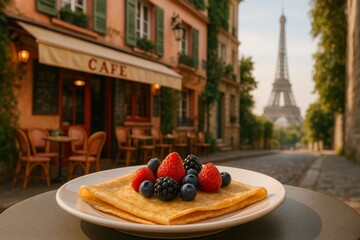 French crepe with berries in front of Eiffel Tower and caf&eacute;