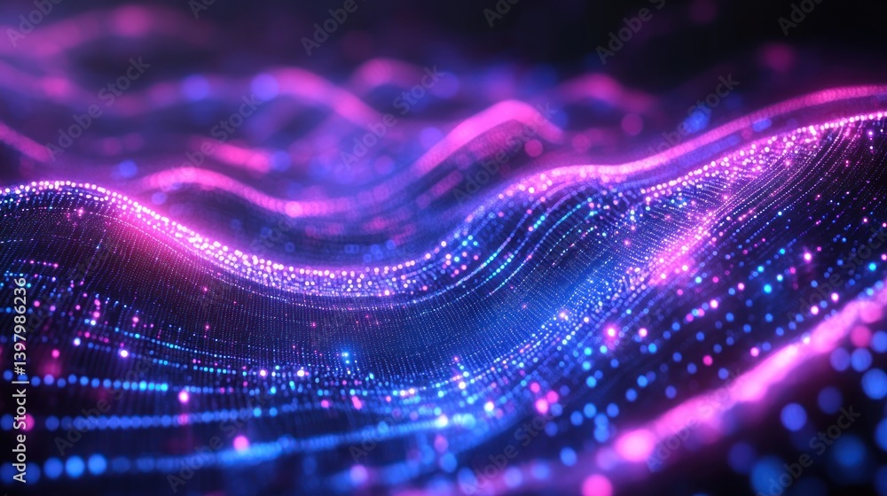 Poster mesmerizing data stream visual with undulating neon patterns evoking technological advancement and f