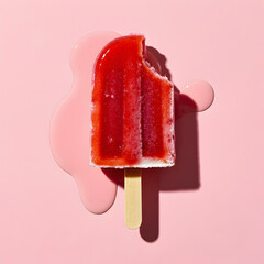 A bitten strawberry popsicle melting slightly on a pastel pink backdrop. Sticky drips catch the light, summery and sweet. Visual aesthetic, top-lit.