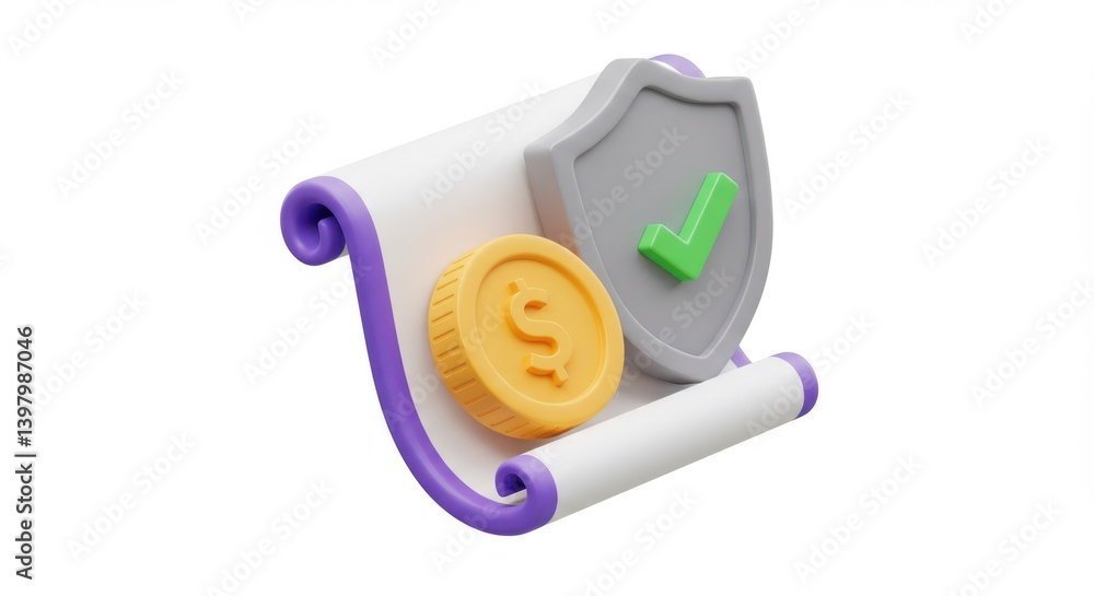 Poster scroll with coin and shield with check mark on white space