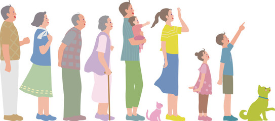 三世代の家族。笑顔で上を見上げる夫婦、親子、ペットのイラスト。