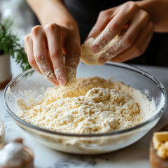 Fototapeta premium Mixing flour in a bowl for baking on a kitchen counter