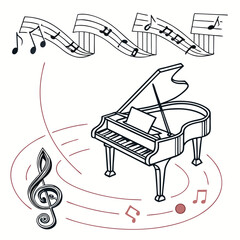 Black and White Piano Music Notes Treble Clef Ribbon Line Drawing