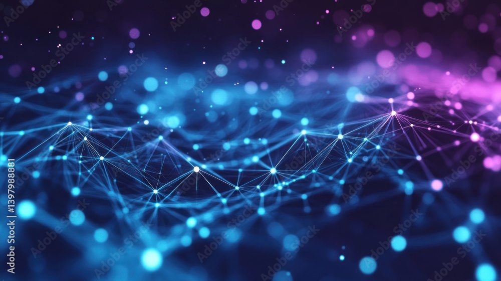 Poster futuristic network plexus with glowing nodes and interconnected lines representing complex data flow