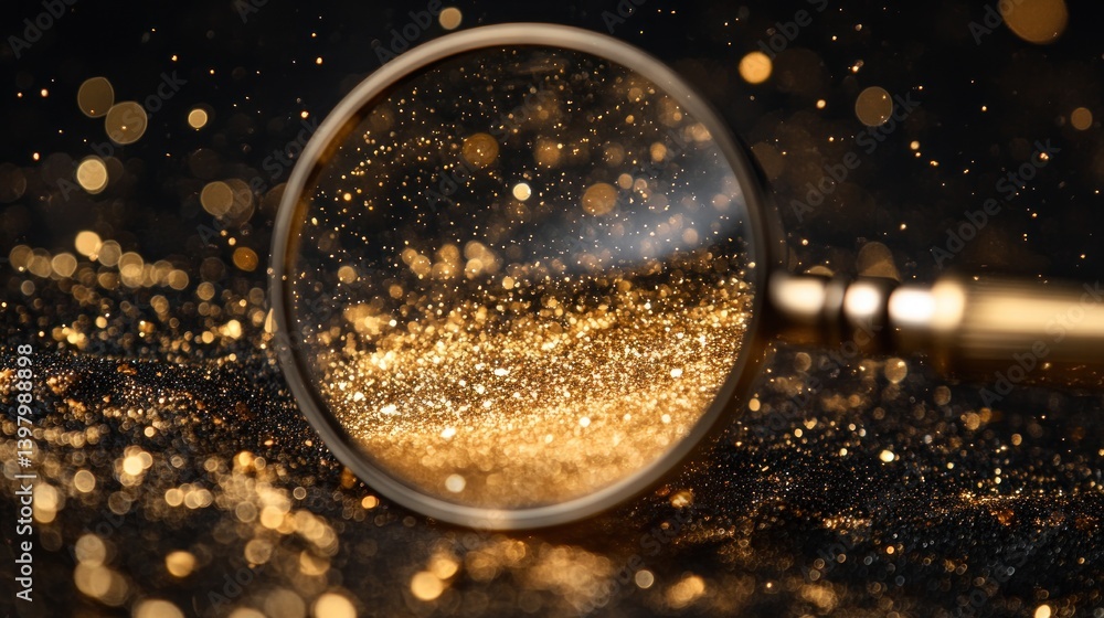Poster investigating glowing particles with a golden magnifier showcasing shimmering details and subtle bok