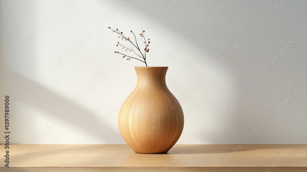 Poster wooden vase holding a sprig with buds casting shadows on a minimal background representing simple el