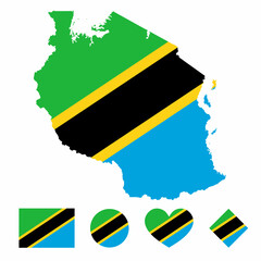 Vector of Tanzania map flag with flag set isolated on white background. Collection of flag icons with square, circle, love, heart, and rectangle shapes.