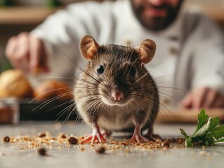 A cute rat scavenging for tasty crumbs in a kitchen setting.